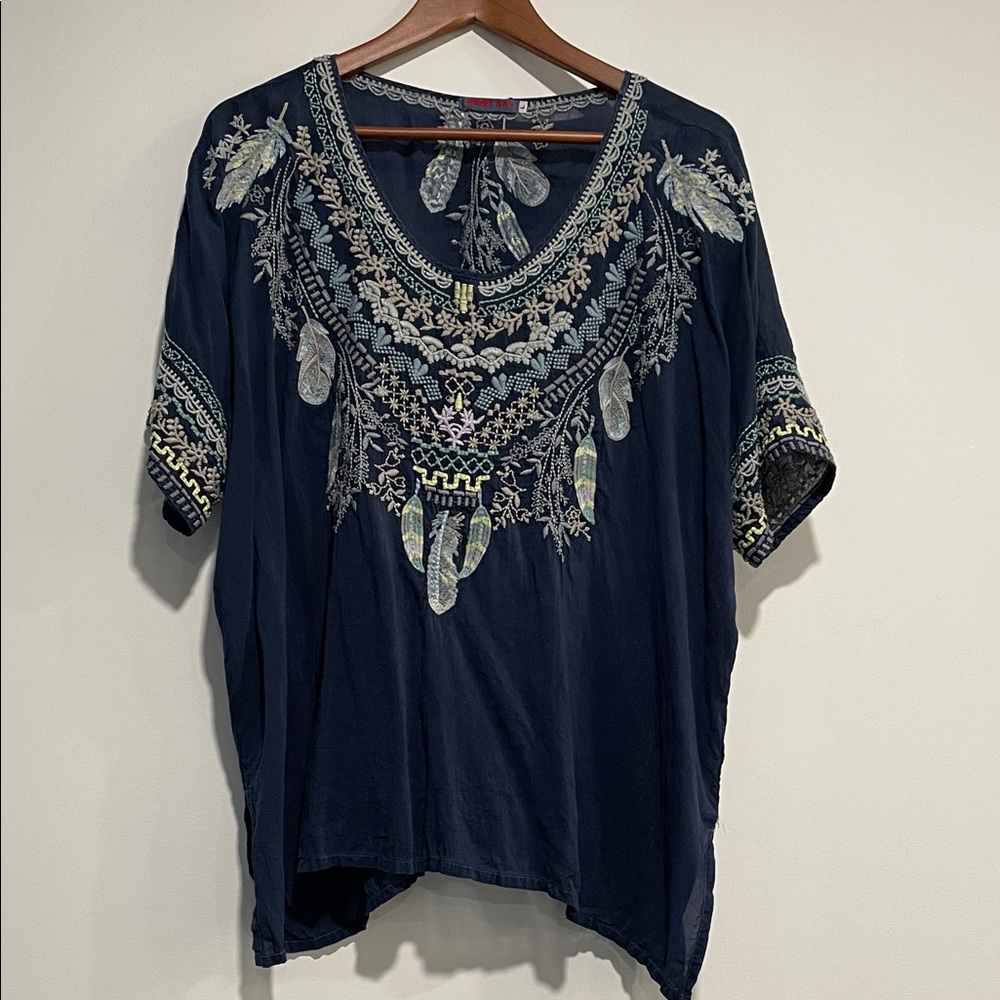 Johnny Was Dark Blue Embroidered Blouse